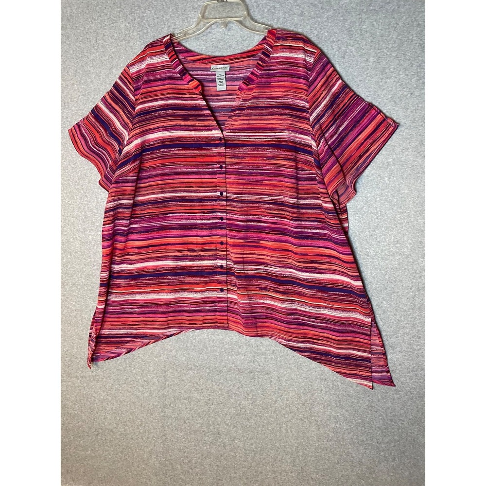 Catherines Button Up Top Womens 3X Short Sleeve Pink Striped Asymmetrical Hem